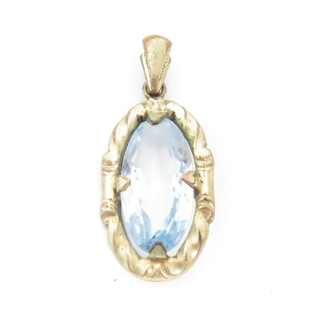 Stunning Vintage Old Art Deco Unfoiled Blue Glass Stone‎ Rhinestone Gold Pendant